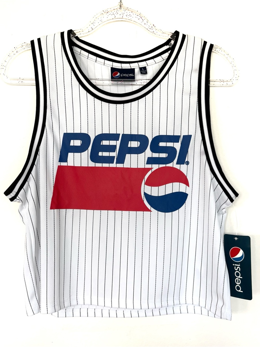 Pepsi White Pinstripe Crop Jersey with Red & Blue Logo